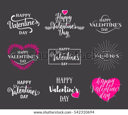 Vector illustration of happy valentines day typography lettering logo set. Hipster emblems, label, text element design with hearts, leaves, burst. Use for banners, greeting cards, gifts, poster