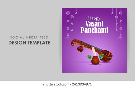 Imagen vectorial de la plantilla de medios sociales Happy Vasant Panchami escrita en hindi significa Basant Panchami