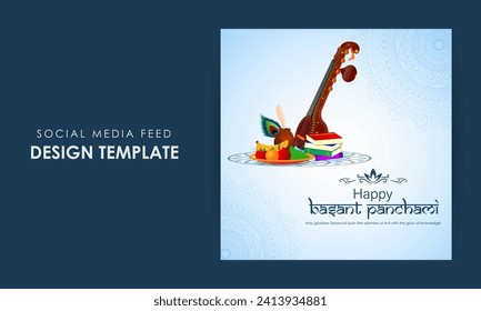 Vector illustration of Happy Vasant Panchami social media feed template written Hindi text means Basant Panchami