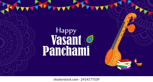 Vector illustration of Happy Vasant Panchami social media feed template written Hindi text means Basant Panchami