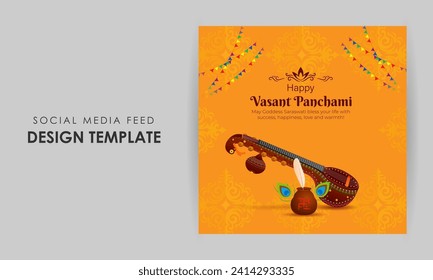 Vector illustration of Happy Vasant Panchami social media feed template written Hindi text means Basant Panchami