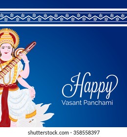 Vector illustration of a Happy Vasant Panchami celebration background with Goddess Saraswati .