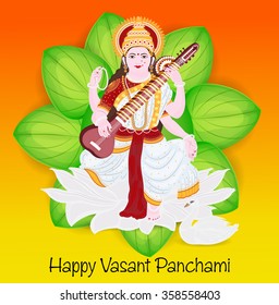 Vector illustration of a Happy Vasant Panchami celebration background with Goddess Saraswati .