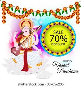 Vector illustration of a Happy Vasant Panchami celebration background with Goddess Saraswati .
