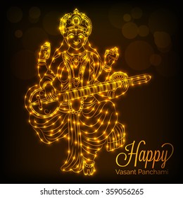 Vector illustration of a Happy Vasant Panchami celebration background with Goddess Saraswati .