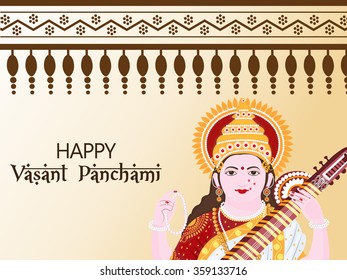 Vector illustration of a Happy Vasant Panchami celebration background with Goddess Saraswati .