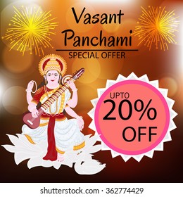 Vector illustration of a Happy Vasant Panchami sale background with Goddess Saraswati .