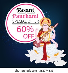 Vector illustration of a Happy Vasant Panchami sale background with Goddess Saraswati .