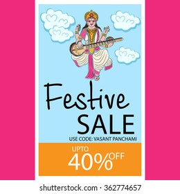 Vector illustration of a Happy Vasant Panchami sale background with Goddess Saraswati .
