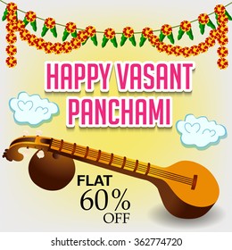 Vector illustration of a Happy Vasant Panchami sale background with Veena.