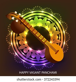 Vector illustration of a Happy Vasant Panchami celebration background with veena.