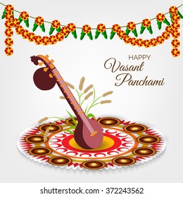 Vector illustration of a Happy Vasant Panchami celebration background with veena.