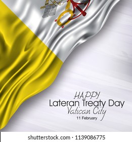 Vector Illustration Of Happy Vatican City  Lateran Treaty Day 11 February. Waving Flags Isolated On Gray Background.