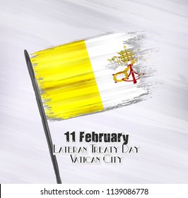 Vector Illustration Of Happy Vatican City  Lateran Treaty Day 11 February. Waving Flags Isolated On Gray Background.