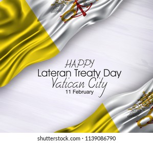 Vector Illustration Of Happy Vatican City  Lateran Treaty Day 11 February. Waving Flags Isolated On Gray Background.