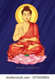 Vector illustration. Happy Vesak Day, Buddha Purnima  design with Lord Buddha meditating on lotus, Buddhist festival 