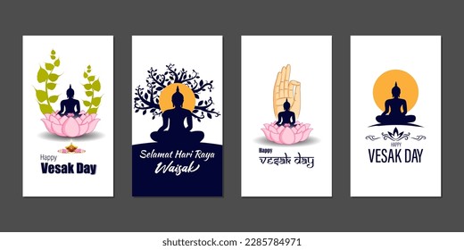 Vector illustration of Happy Vesak Day social media story feed set mockup template