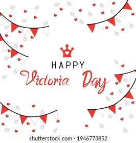 Vector illustration of Happy Victoria Day. Holiday greeting card with maple leaves, hearts and flags