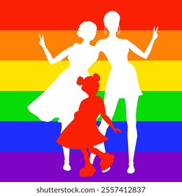 Vector illustration of happy and victorious lgbt women couple with their daughter celebrate gay pride. Rainbow background with typical colors of LGBTQ+ flag