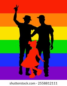 Vector illustration of happy and victorious lgbt men couple with their daughter celebrate gay pride. Rainbow background with typical colors of LGBTQ+ flag