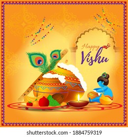 Vector illustration of Happy Vishu concept banner. kerala New Year, Indian hindu festival poster with vishu flowers and pots.