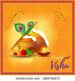 Ilustración vectorial del cartel de concepto de Happy Vishu. año nuevo kerala, afiche del festival hindú con flores y ollas de vishu.