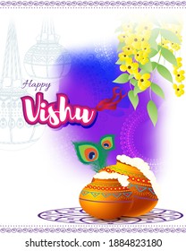 Ilustración vectorial del cartel de concepto de Happy Vishu. año nuevo kerala, afiche del festival hindú con flores y ollas de vishu.