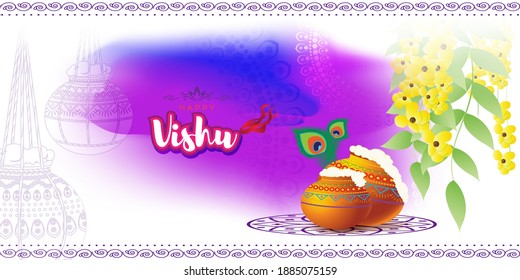 Ilustración vectorial del cartel de concepto de Happy Vishu. año nuevo kerala, afiche del festival hindú con flores y ollas de vishu.