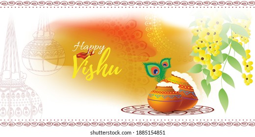 Vector illustration of Happy Vishu concept banner. kerala New Year, Indian hindu festival poster with vishu flowers and pots.