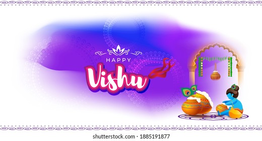 Vector illustration of Happy Vishu concept banner. kerala New Year, Indian hindu festival poster with vishu flowers and pots.