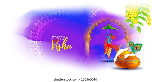 Vector illustration of Happy Vishu concept banner. kerala New Year, Indian hindu festival poster with vishu flowers and pots.