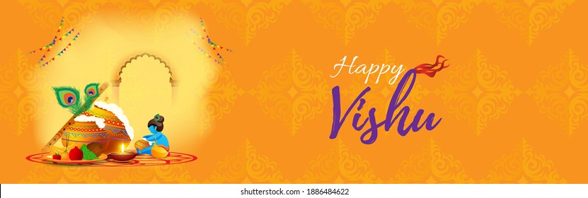 Ilustración vectorial del cartel de concepto de Happy Vishu. año nuevo kerala, afiche del festival hindú con flores y ollas de vishu.