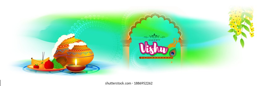Vektorgrafik von Happy Vishu Konzept Banner. kerala Neujahr, indisches rückwärts Festival Poster mit Vishu Blumen und Töpfen.
