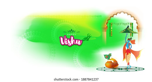 Vector illustration of Happy Vishu concept banner. kerala New Year, Indian hindu festival poster with vishu flowers and pots.