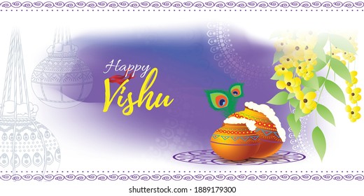 Ilustración vectorial del cartel de concepto de Happy Vishu. año nuevo kerala, afiche del festival hindú con flores y ollas de vishu.
