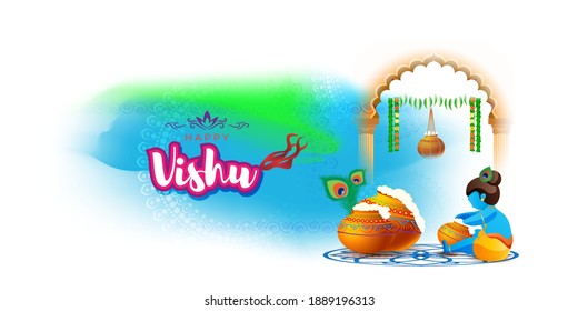 Vector illustration of Happy Vishu concept banner. kerala New Year, Indian hindu festival poster with vishu flowers and pots.