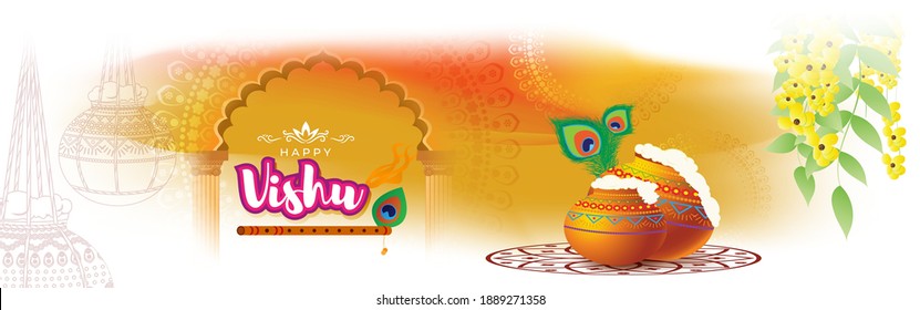 Vector illustration of Happy Vishu concept banner. kerala New Year, Indian hindu festival poster with vishu flowers and pots.