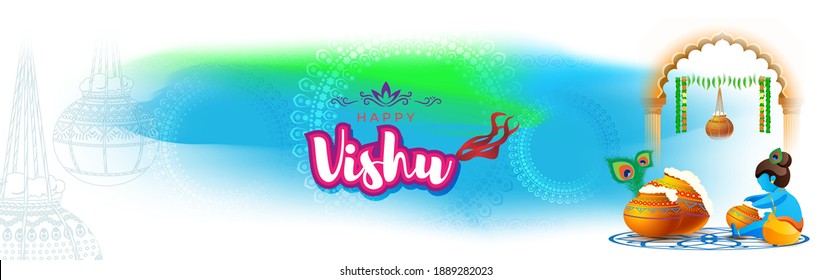 Ilustración vectorial del cartel de concepto de Happy Vishu. año nuevo kerala, afiche del festival hindú con flores y ollas de vishu.