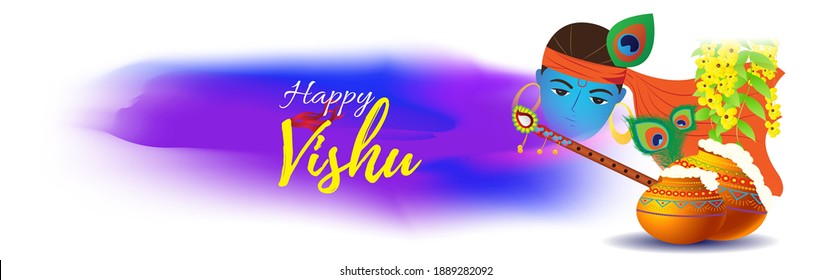 Vector illustration of Happy Vishu concept banner. kerala New Year, Indian hindu festival poster with vishu flowers and pots.