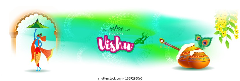 Vector illustration of Happy Vishu concept banner. kerala New Year, Indian hindu festival poster with vishu flowers and pots.