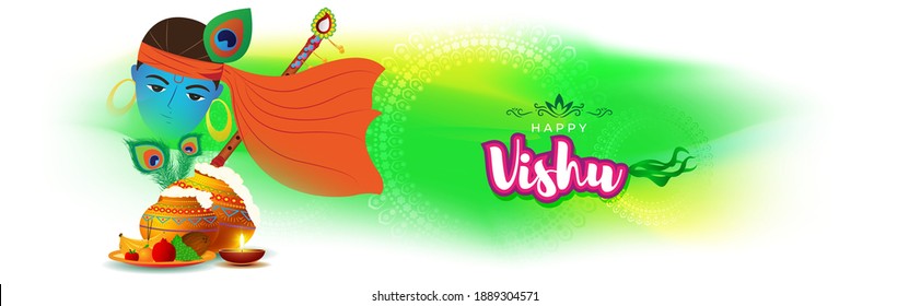 Vector illustration of Happy Vishu concept banner. kerala New Year, Indian hindu festival poster with vishu flowers and pots.