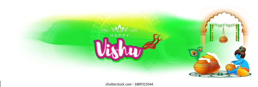 Vector illustration of Happy Vishu concept banner. kerala New Year, Indian hindu festival poster with vishu flowers and pots.