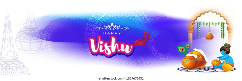 Vektorgrafik von Happy Vishu Konzept Banner. kerala Neujahr, indisches rückwärts Festival Poster mit Vishu Blumen und Töpfen.