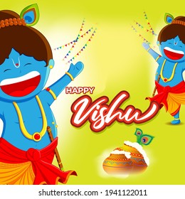 Vector illustration of Happy Vishu concept banner. kerala New Year, Indian hindu festival poster with vishu flowers and pots.