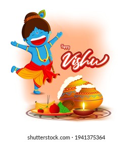 Vector illustration of Happy Vishu concept banner. kerala New Year, Indian hindu festival poster with vishu flowers and pots.