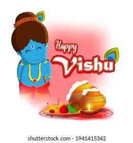 Vector illustration of Happy Vishu concept banner. kerala New Year, Indian hindu festival poster with vishu flowers and pots.