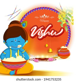 Vector illustration of Happy Vishu concept banner. kerala New Year, Indian hindu festival poster with vishu flowers and pots.