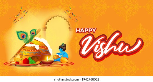 Vector illustration of Happy Vishu concept banner. kerala New Year, Indian hindu festival poster with vishu flowers and pots.