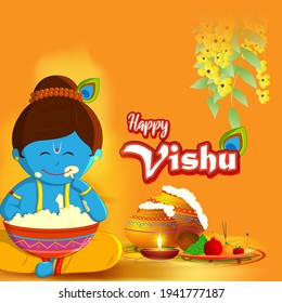 Ilustración vectorial del cartel de concepto de Happy Vishu. año nuevo kerala, afiche del festival hindú con flores y ollas de vishu.