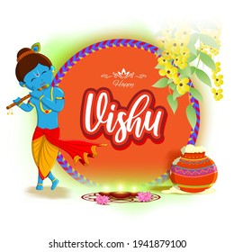 Vector illustration of Happy Vishu concept banner. kerala New Year, Indian hindu festival poster with vishu flowers and pots.